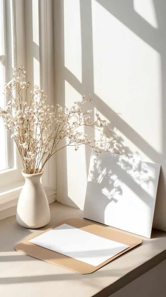 A4 paper and envelope flat lay with gentle window light, calm creative workspace